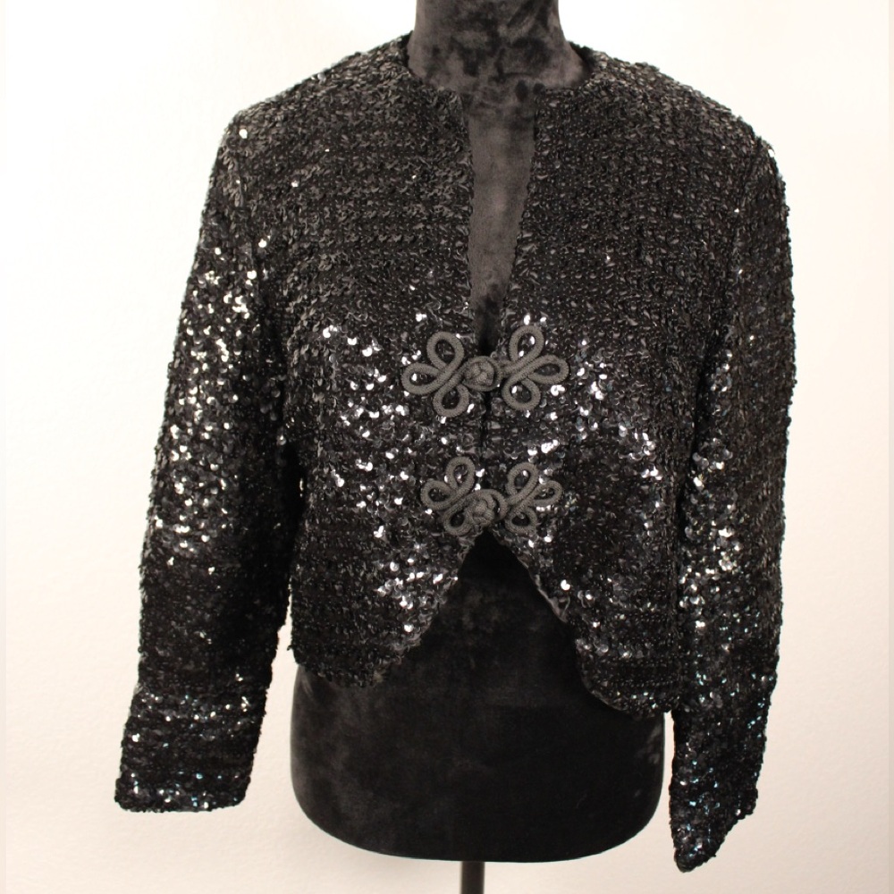 Vintage Union Made ILGWU Black Sequin Cropped Bolero Jacket w/ Frog Closure - Picture 16 of 16